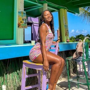 VRG GIRL backless halter beach dress in pink/multicolor S/M